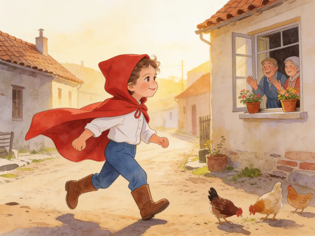 Ilustración de un cuento: una nena con capa roja corre por la calle del pueblo y los abuelos la saludan desde la ventana.